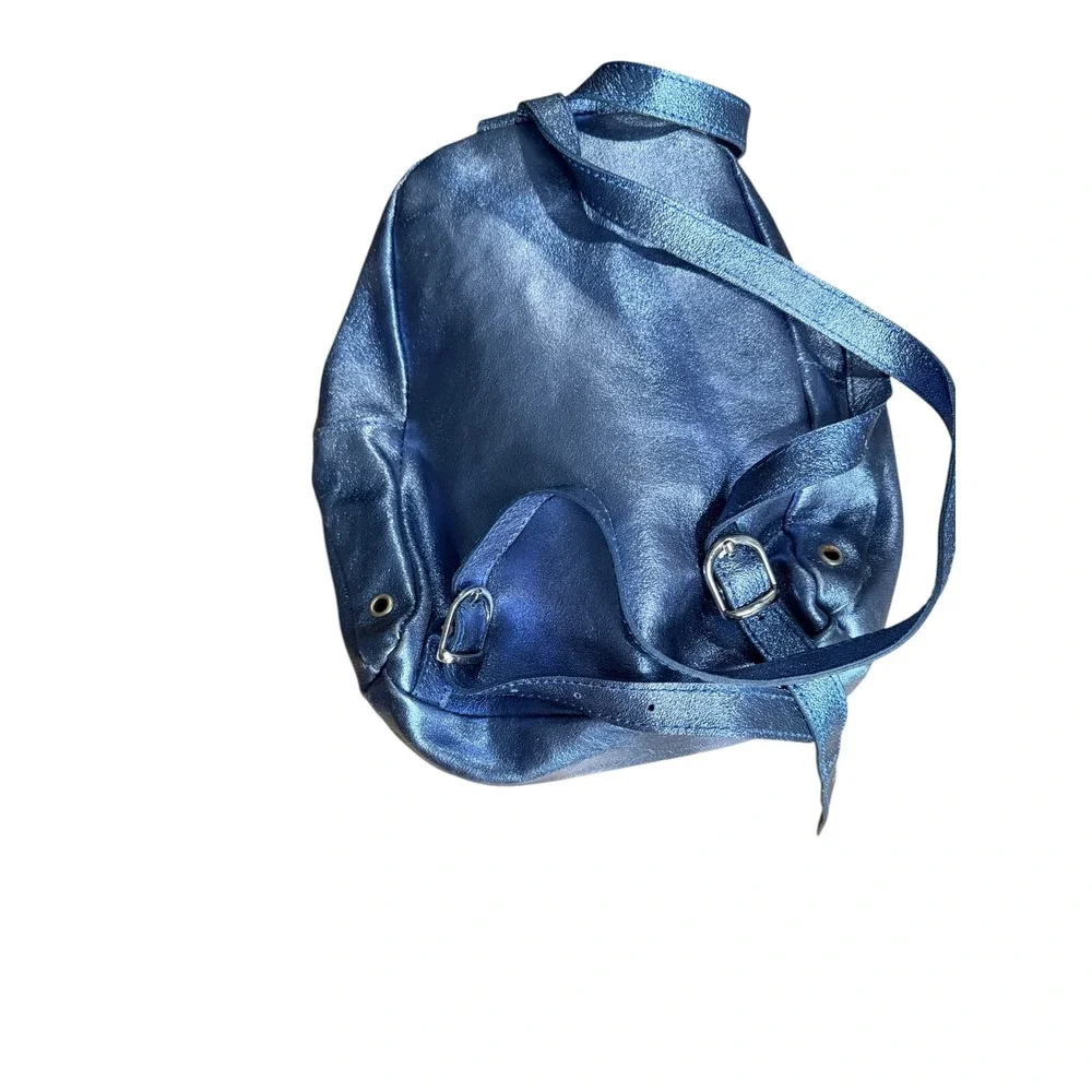 Monnalisa‎ Monica Metallic sparkly Blue Leather Mini Backpack Bow Detail  12x9